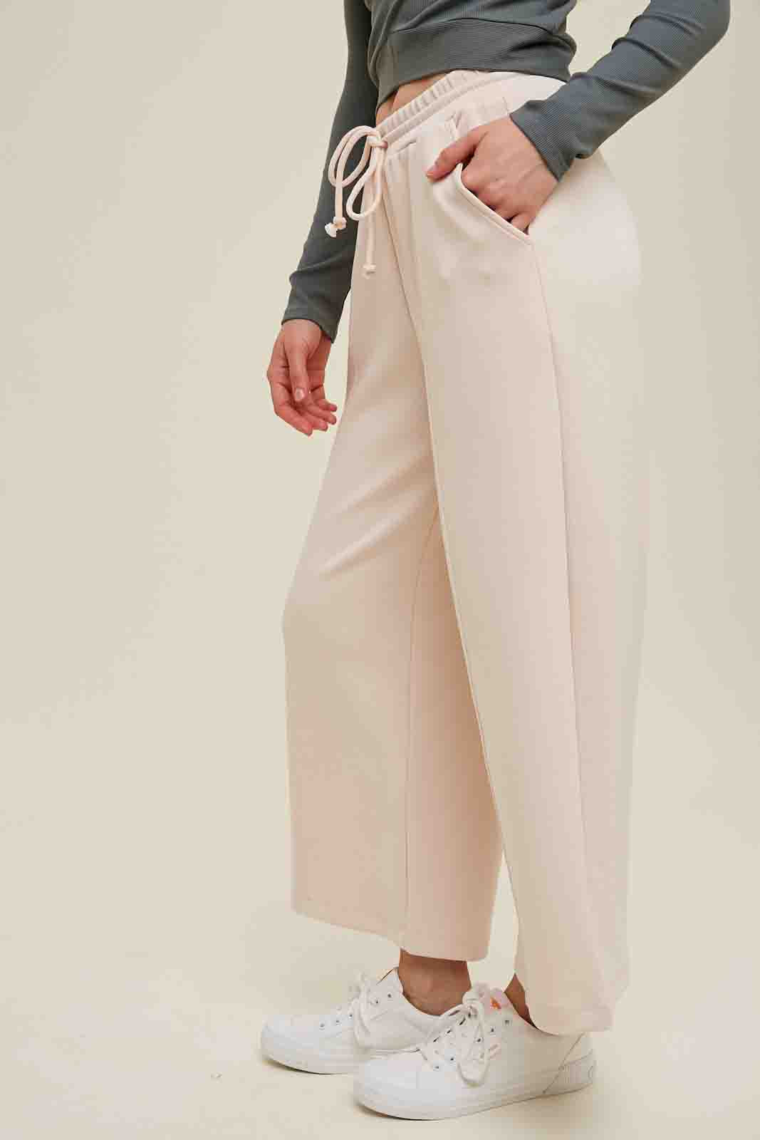 Scuba Drawstring Wide Leg Pants in Stone by Wishlist