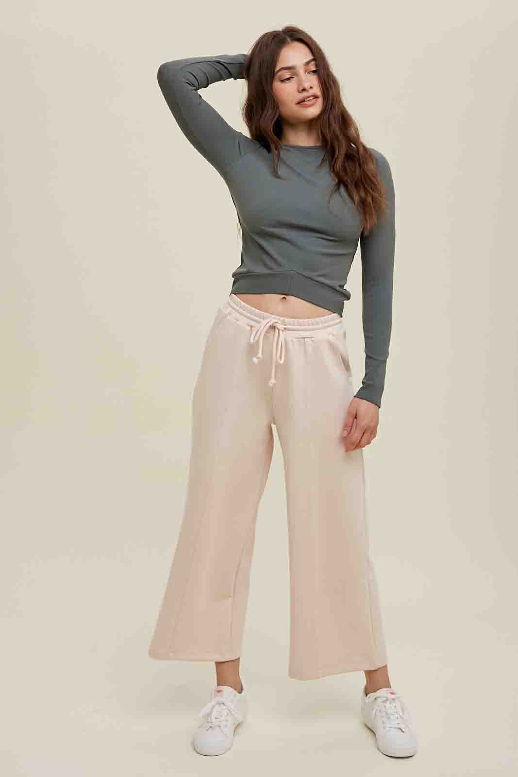 Scuba Drawstring Wide Leg Pants in Stone by Wishlist