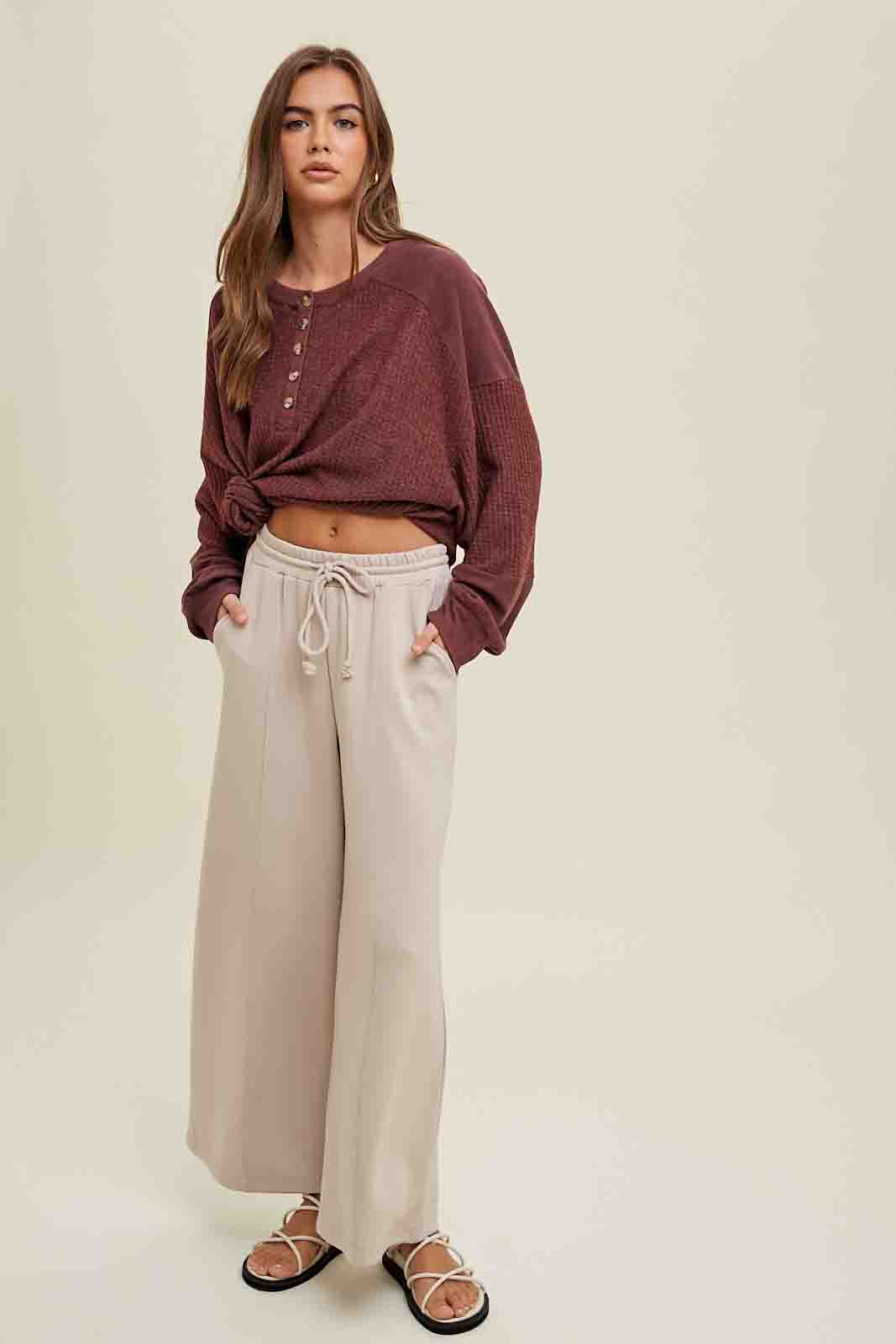 Scuba Drawstring Wide Leg Pants in Stone by Wishlist