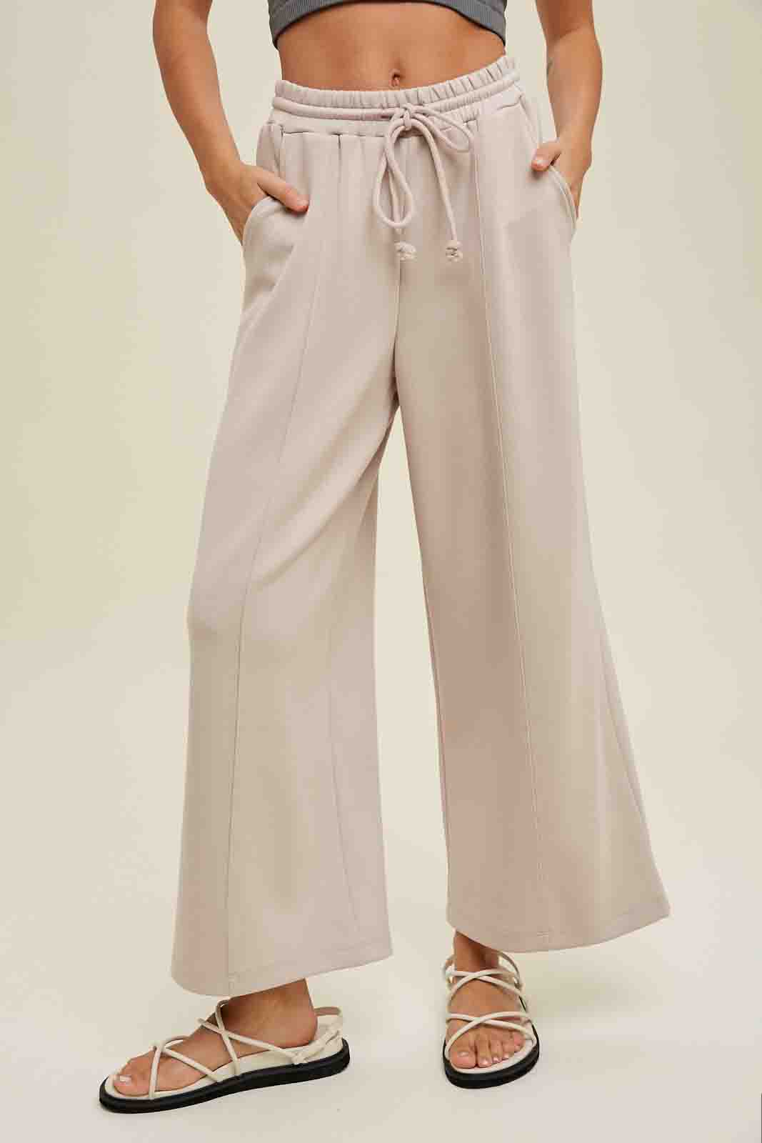 Scuba Drawstring Wide Leg Pants in Stone by Wishlist