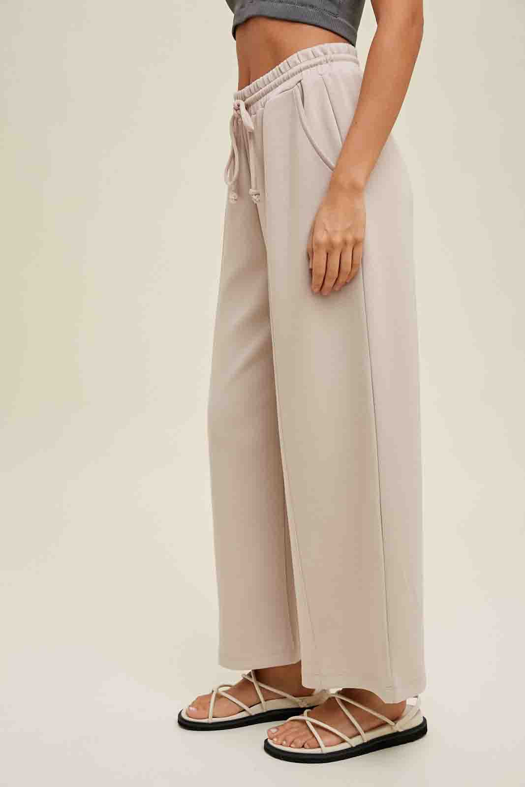 Scuba Drawstring Wide Leg Pants in Stone by Wishlist