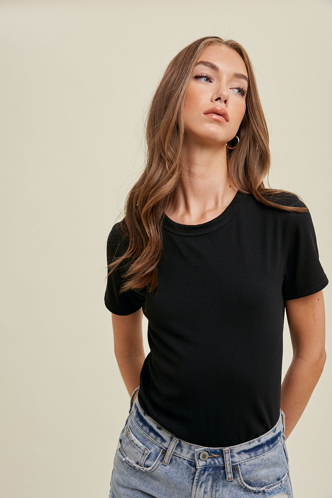 Ribbed Knit Basic T-Shirt by Wishlist