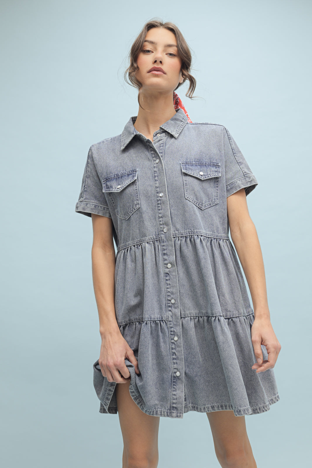 Denim Tiered Button Up Mini Dress by Wishlist