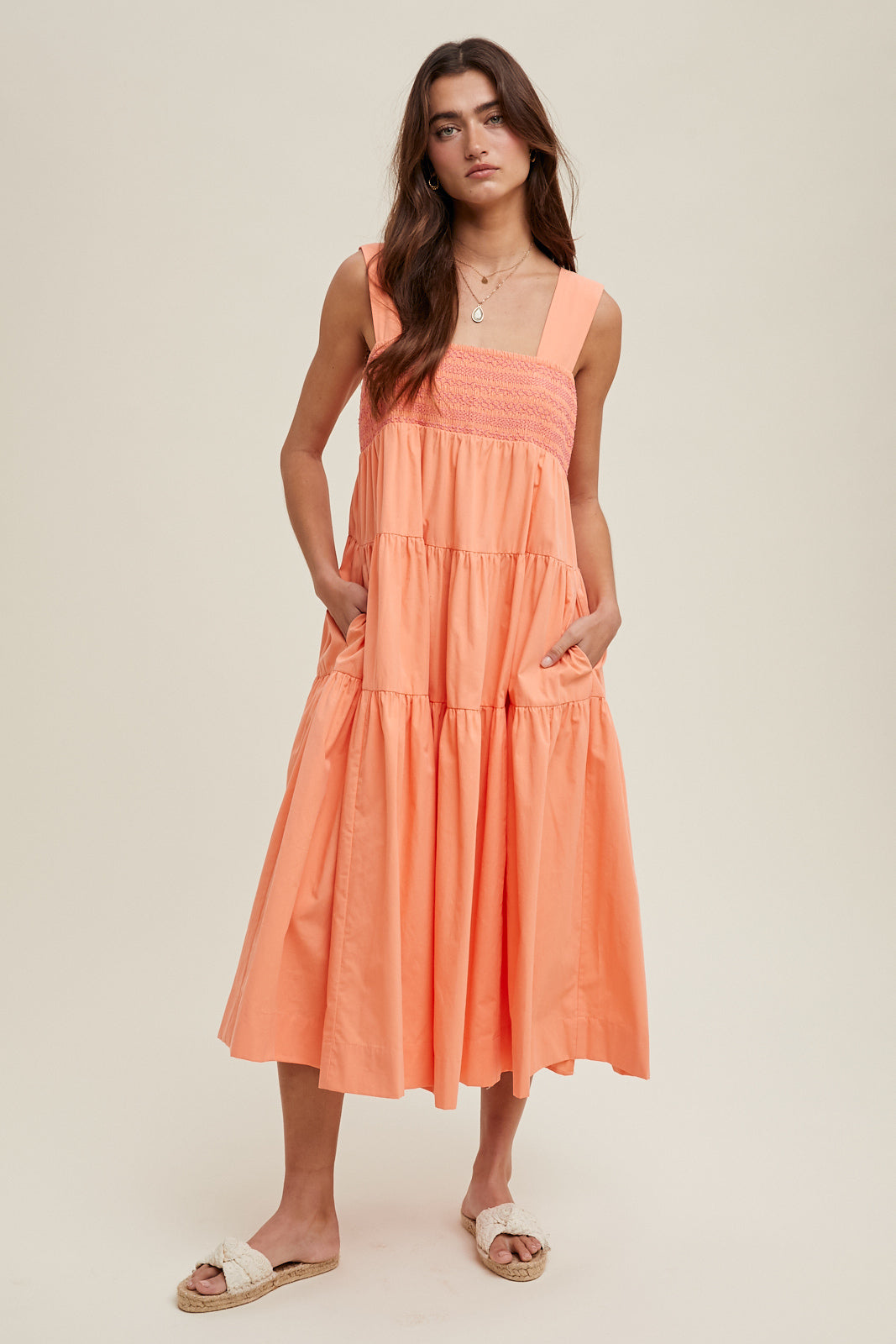 Contrast Embroidered Tiered Midi Dress by Wishlist