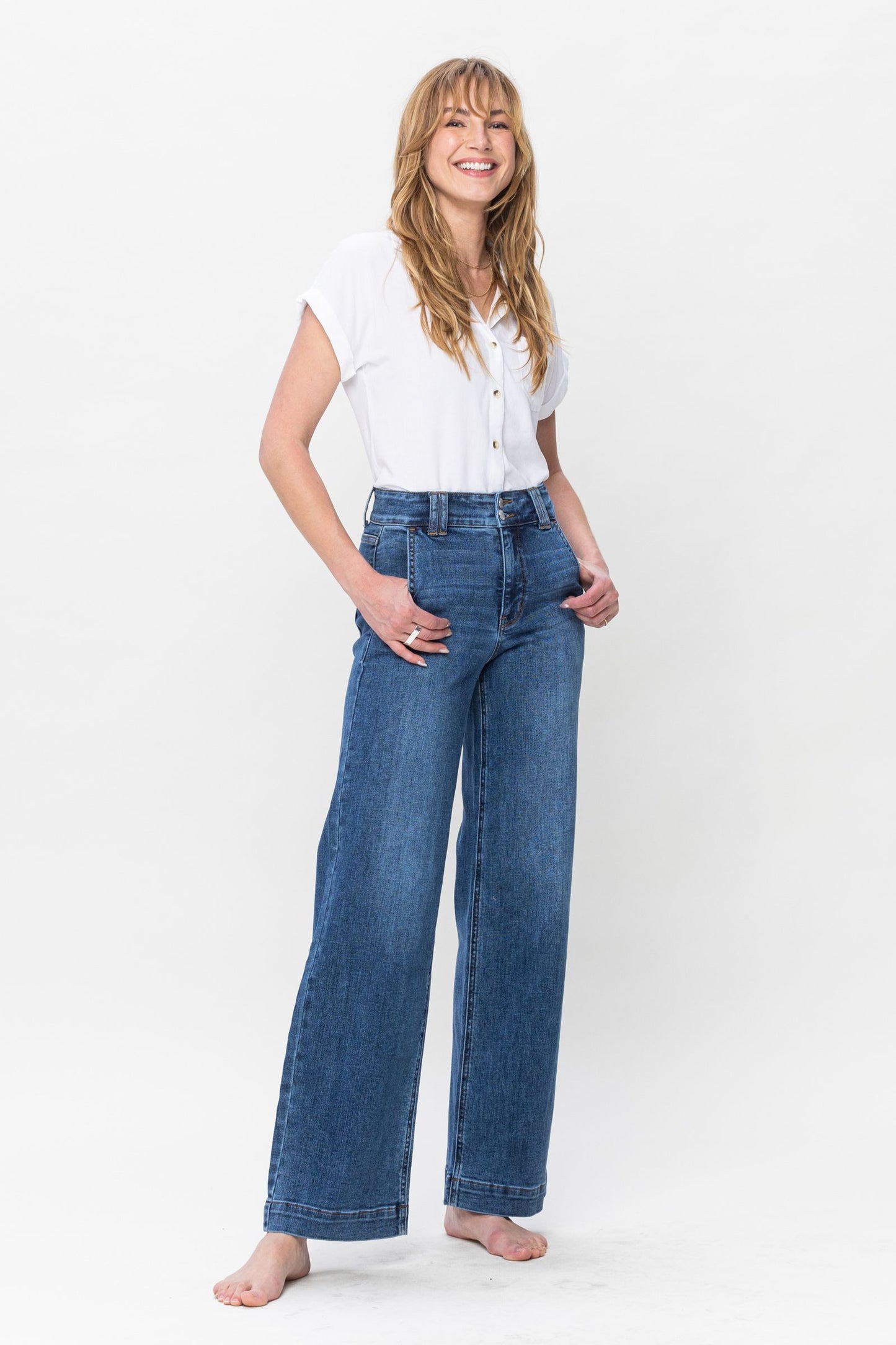 High Waist Double Button Wide Leg Jeans in Medium Blue by Judy Blue