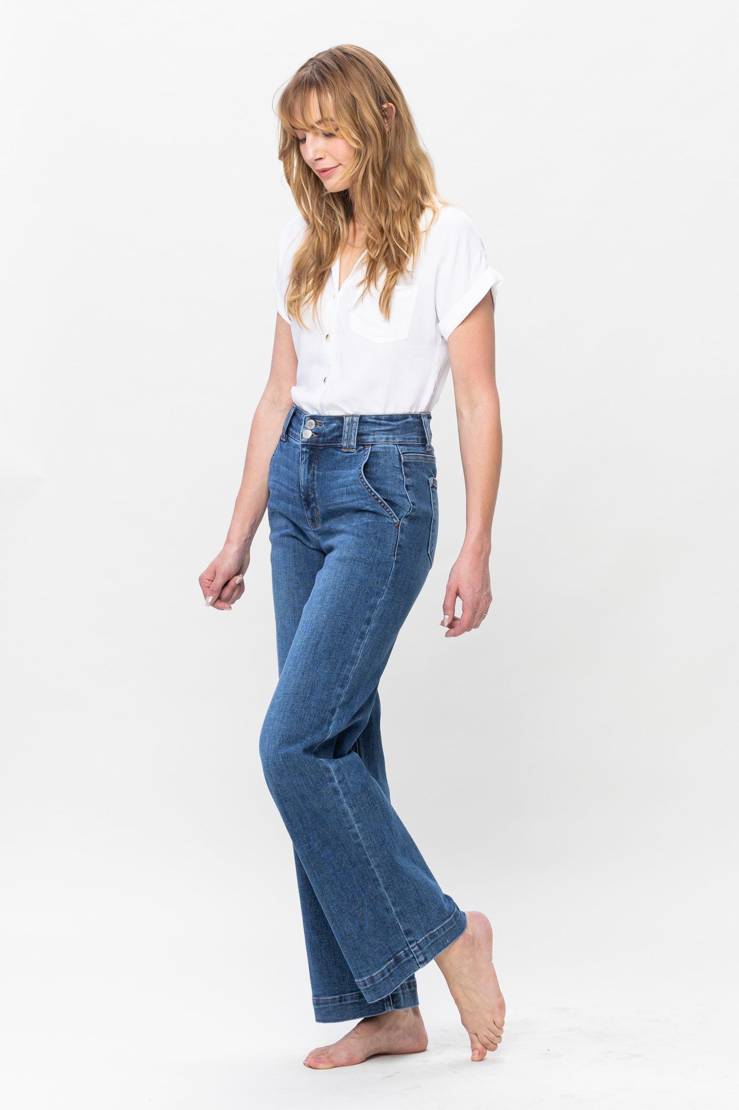 High Waist Double Button Wide Leg Jeans in Medium Blue by Judy Blue