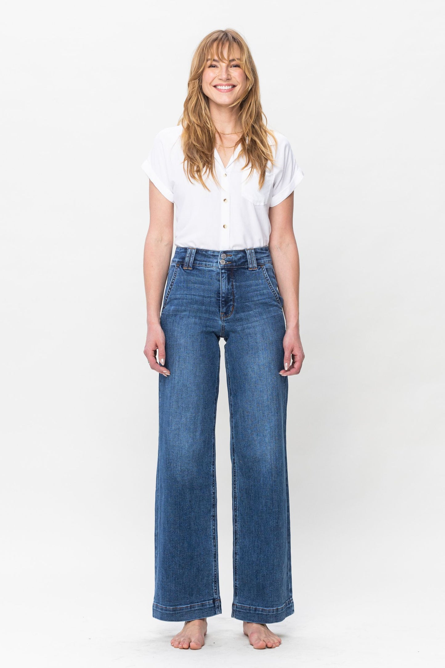 High Waist Double Button Wide Leg Jeans in Medium Blue by Judy Blue