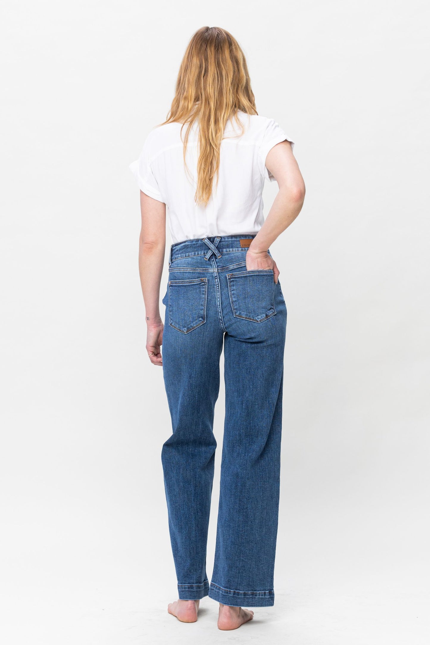 High Waist Double Button Wide Leg Jeans in Medium Blue by Judy Blue