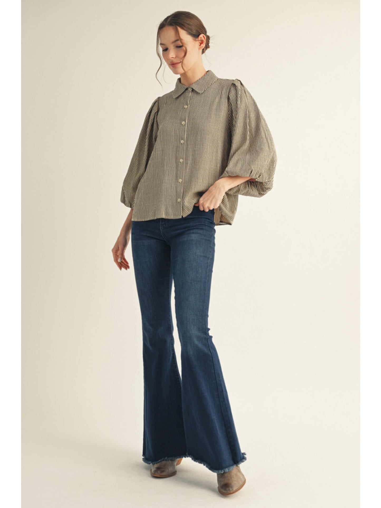 3/4 Puff Sleeve Striped Top by Jodifl