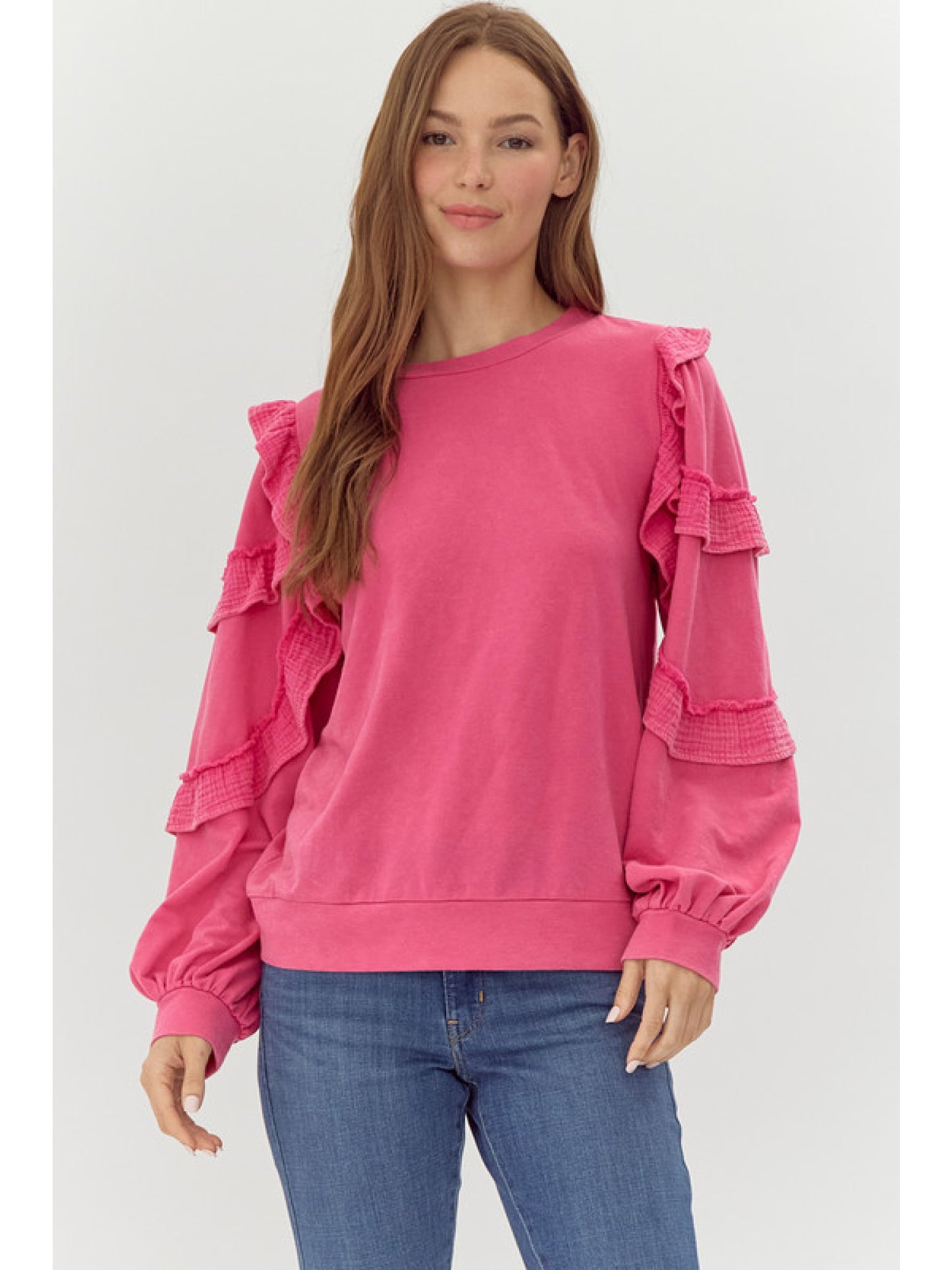 U Neck Ruffle Sweatshirt by Jodifl