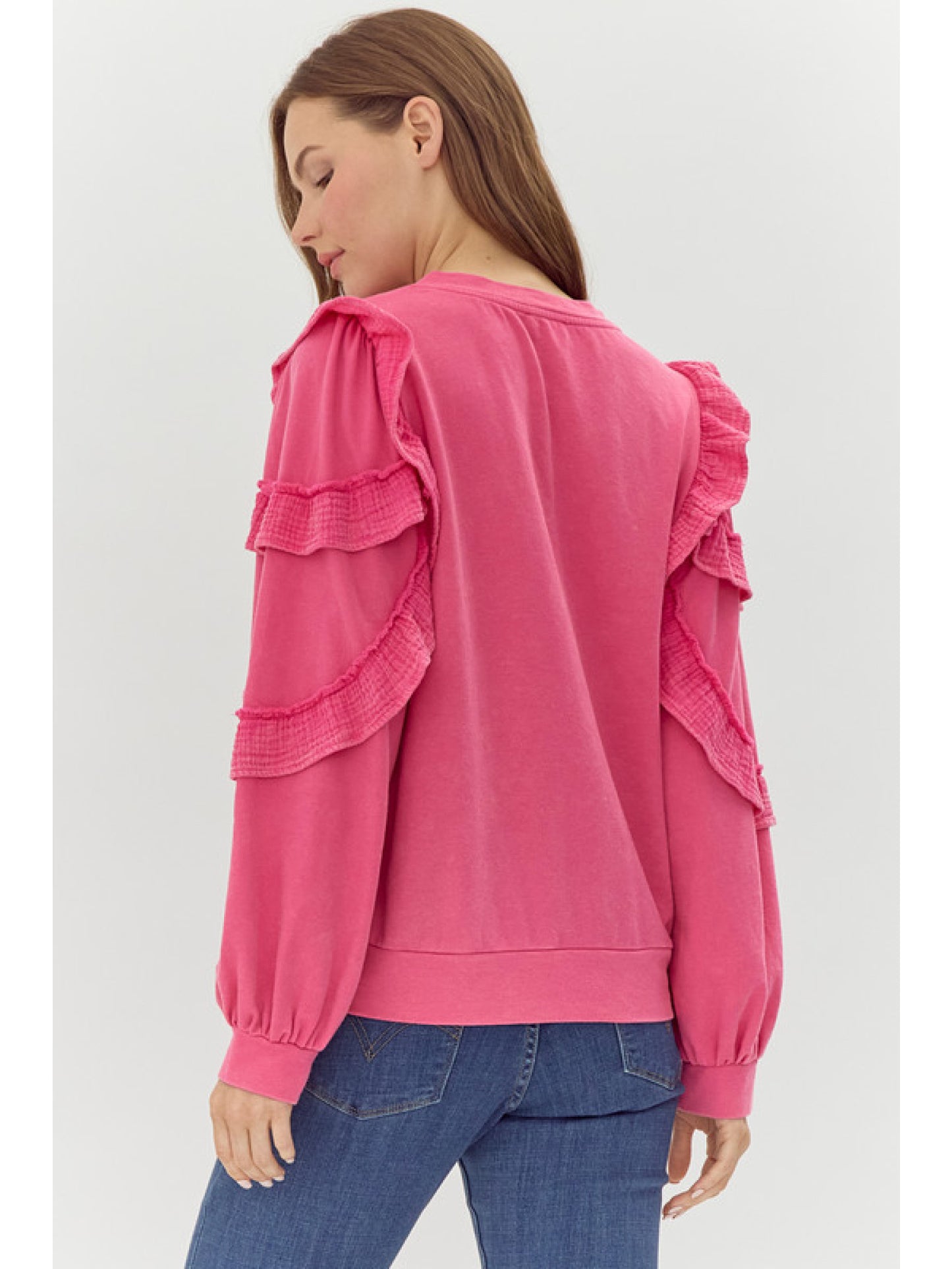 U Neck Ruffle Sweatshirt by Jodifl