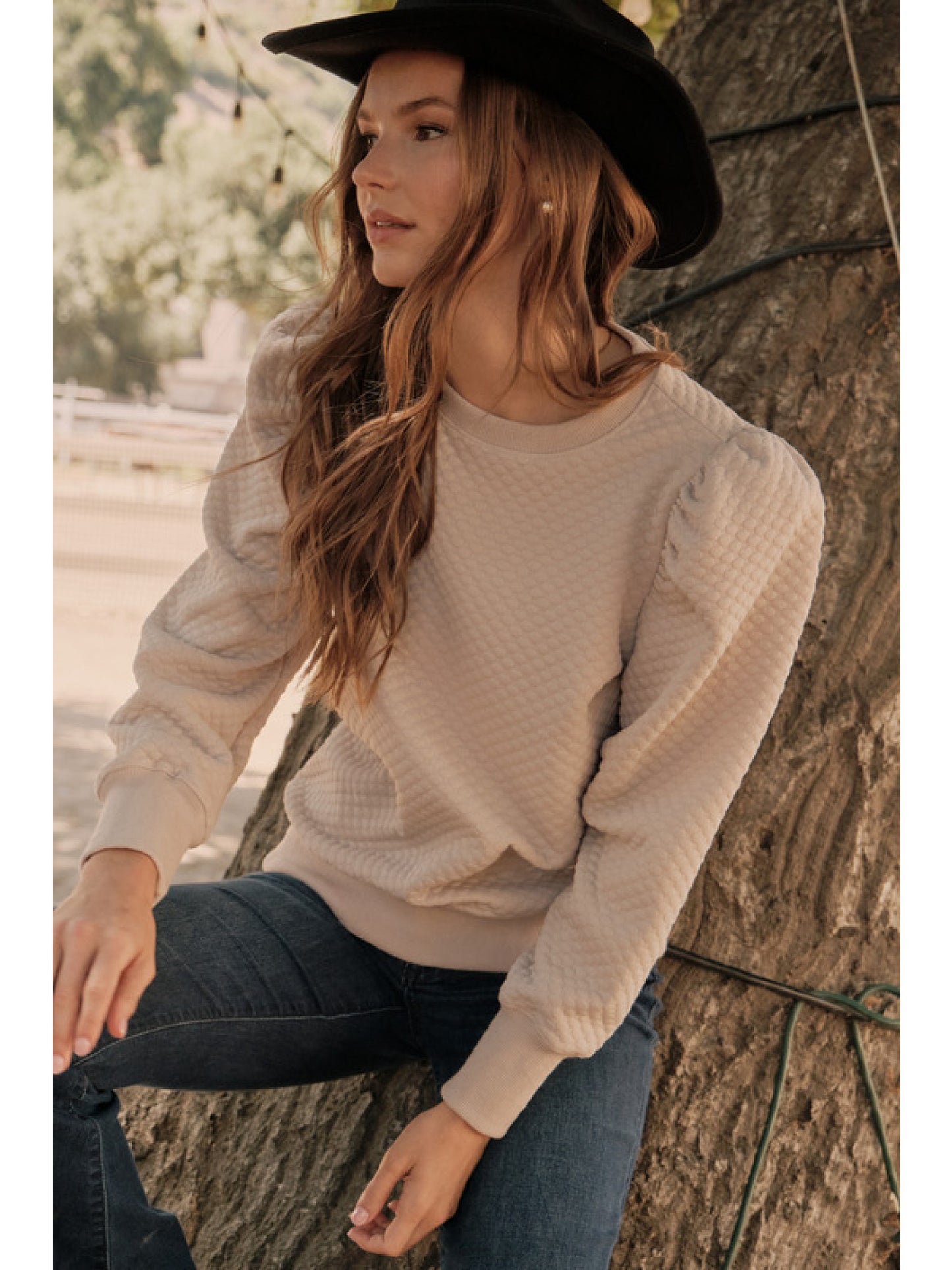 Embossing Textured U-Neck Long Sleeve Top in Beige by Jodifl