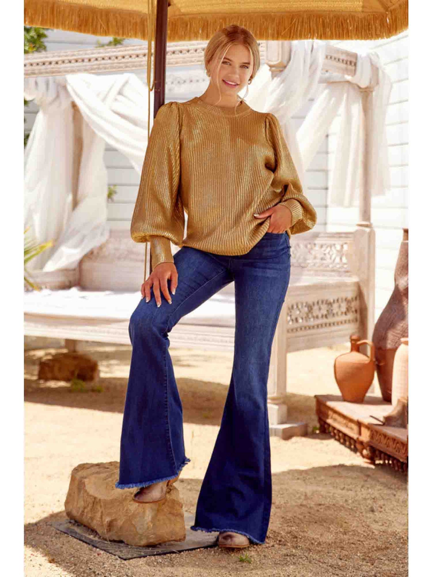 Metallic Knit Pullover LSL with Ribbed Hems by Jodifl