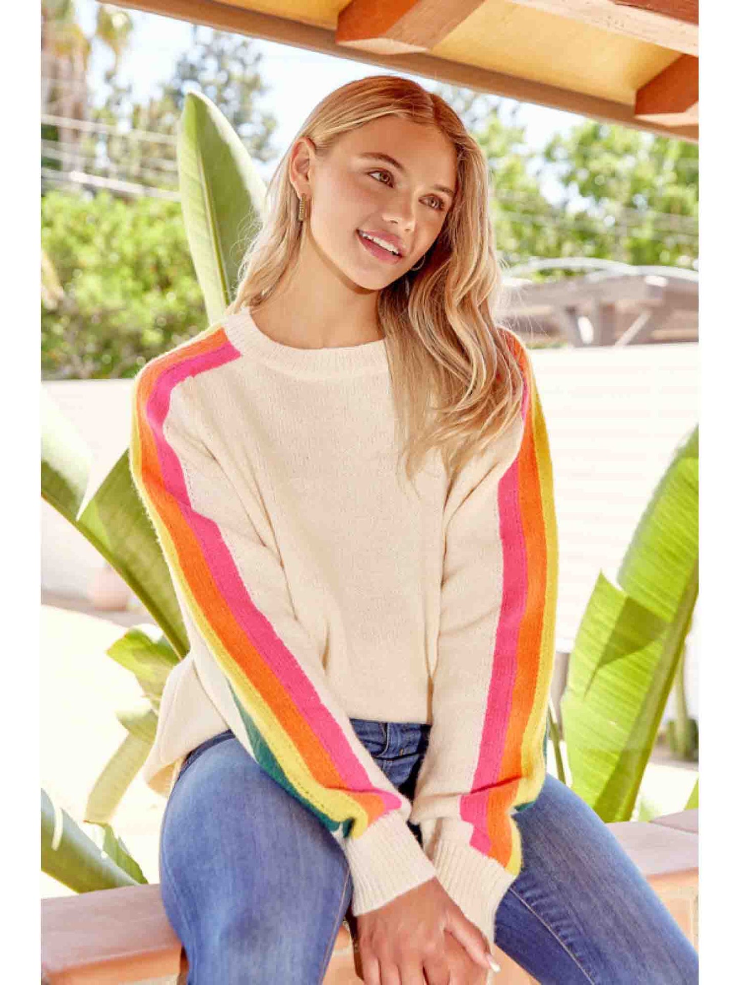 Solid Knit Sweater Top with Striped Sleeves in Ivory by Jodifl