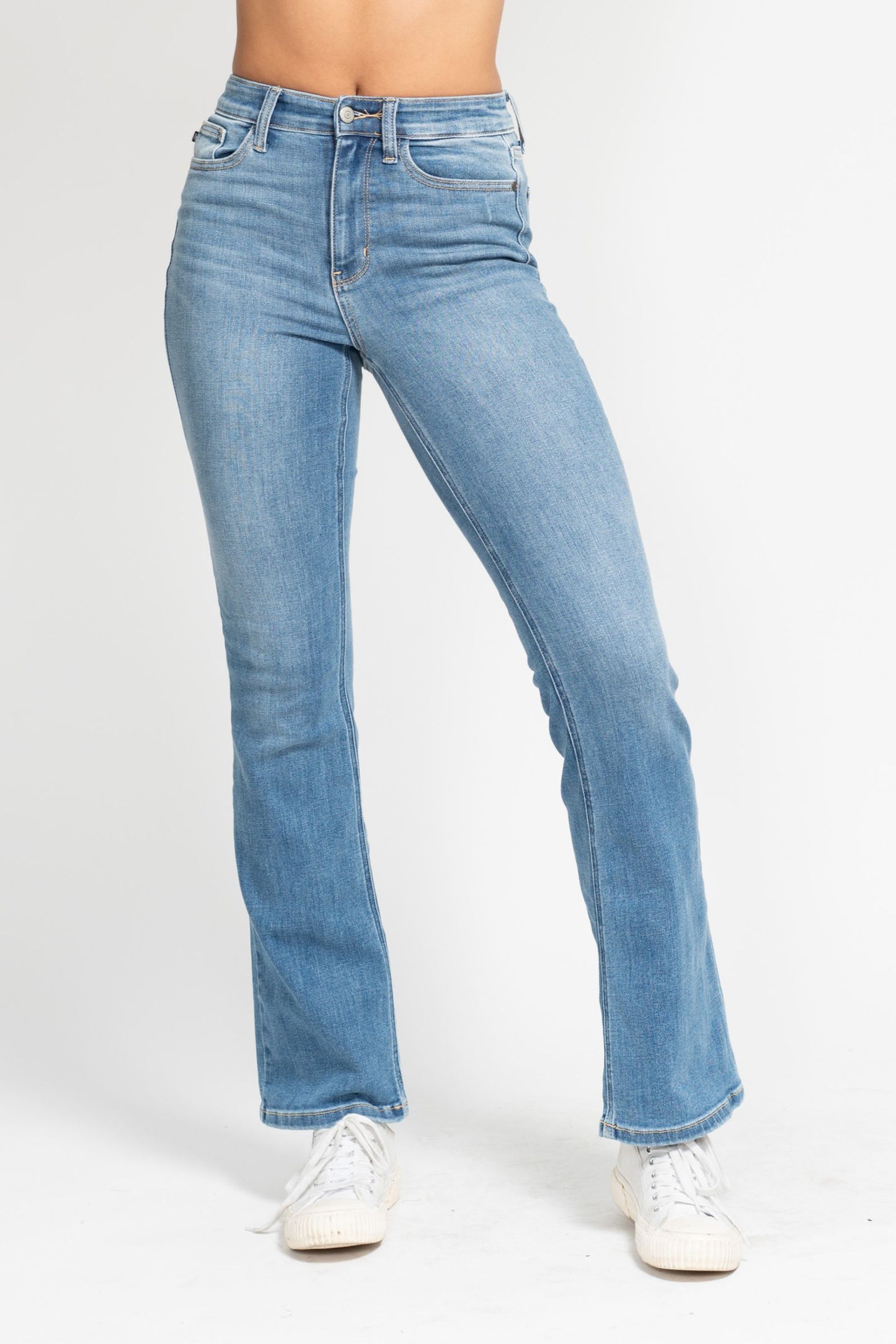 High Waisted Classic Contrast Wash Bootcut Jeans in Medium Blue by Judy Blue