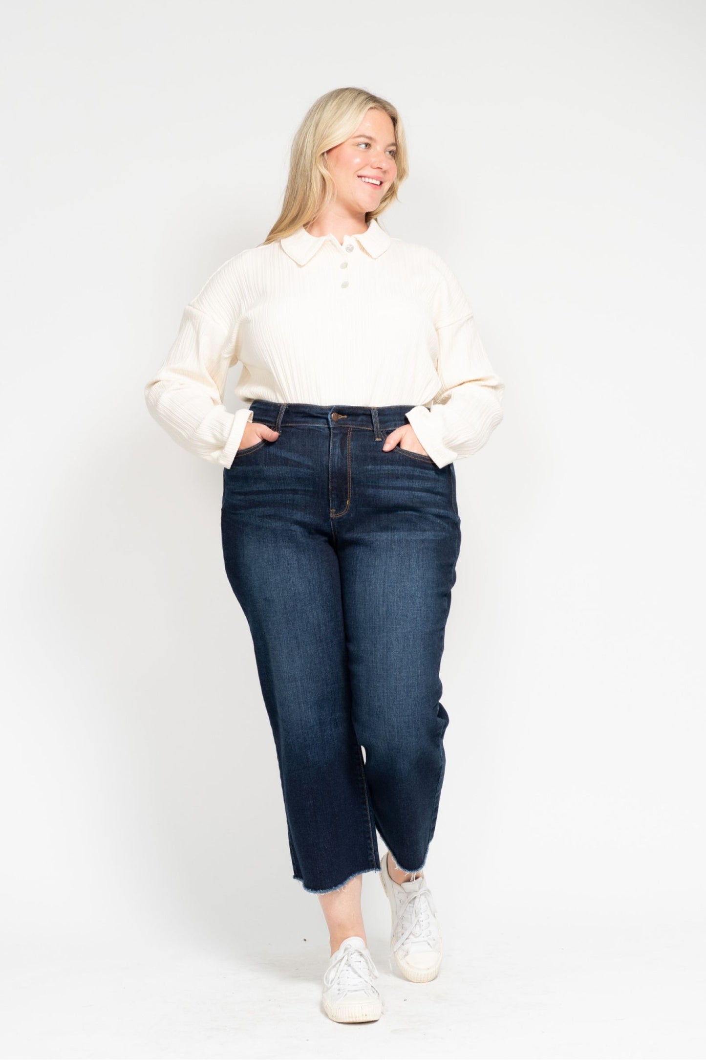 High Waisted Cropped Wide Leg Jeans in Dark Blue by Judy Blue