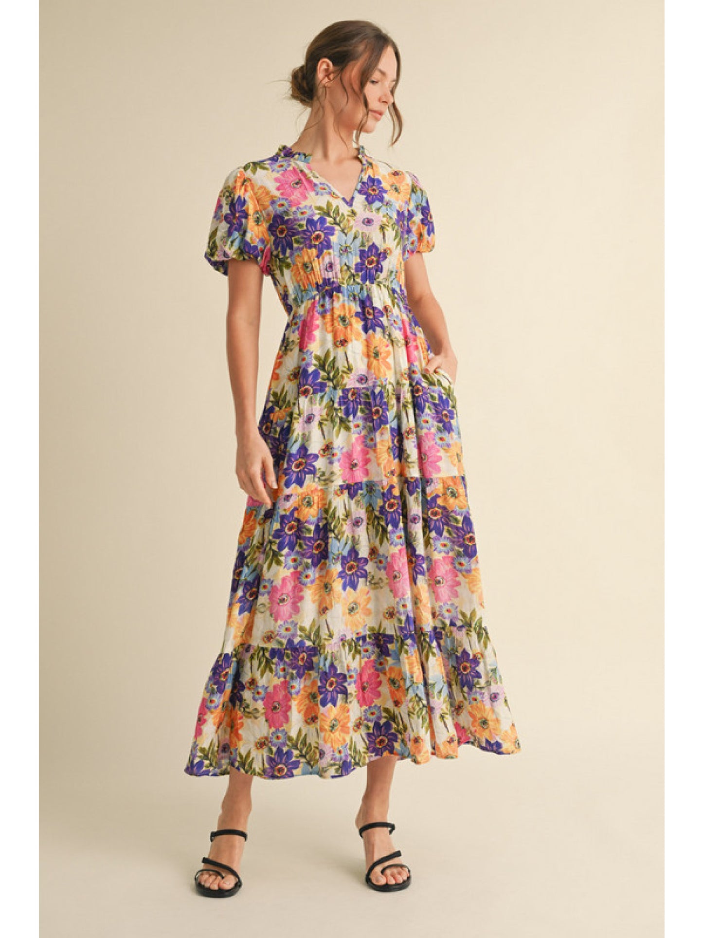 Floral Print Tiered Puff Sleeve Dress (Plus) by Jodifl