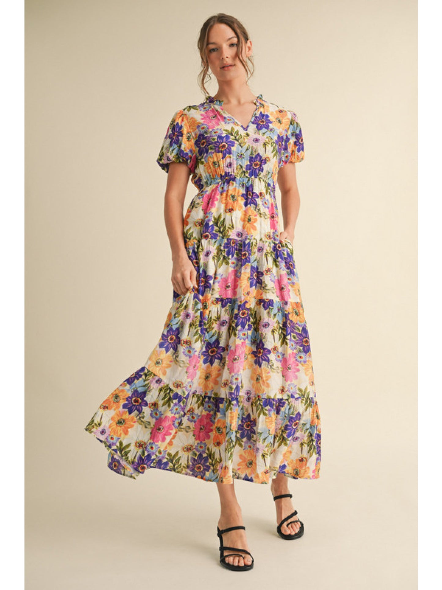 Floral Print Tiered Puff Sleeve Dress (Plus) by Jodifl