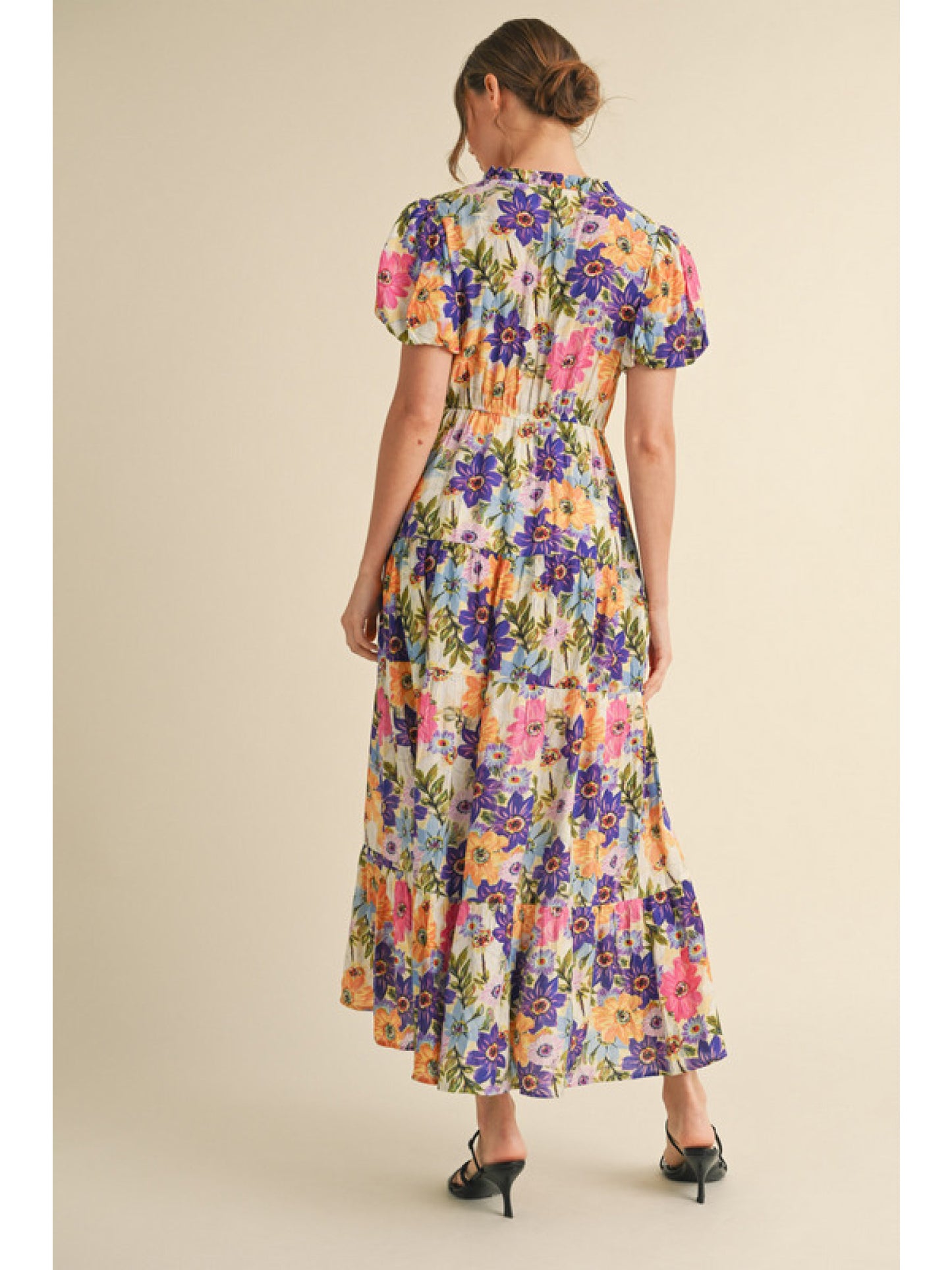Floral Print Tiered Puff Sleeve Dress (Plus) by Jodifl