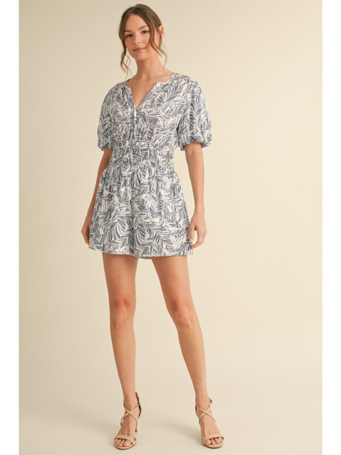 Slit Neck Leaf Print Romper by Jodifl