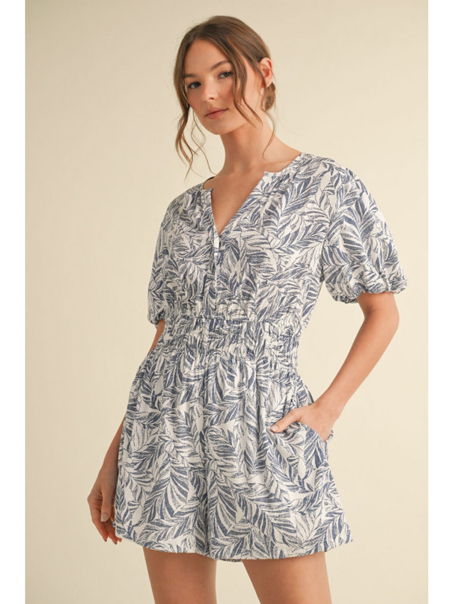 Slit Neck Leaf Print Romper by Jodifl