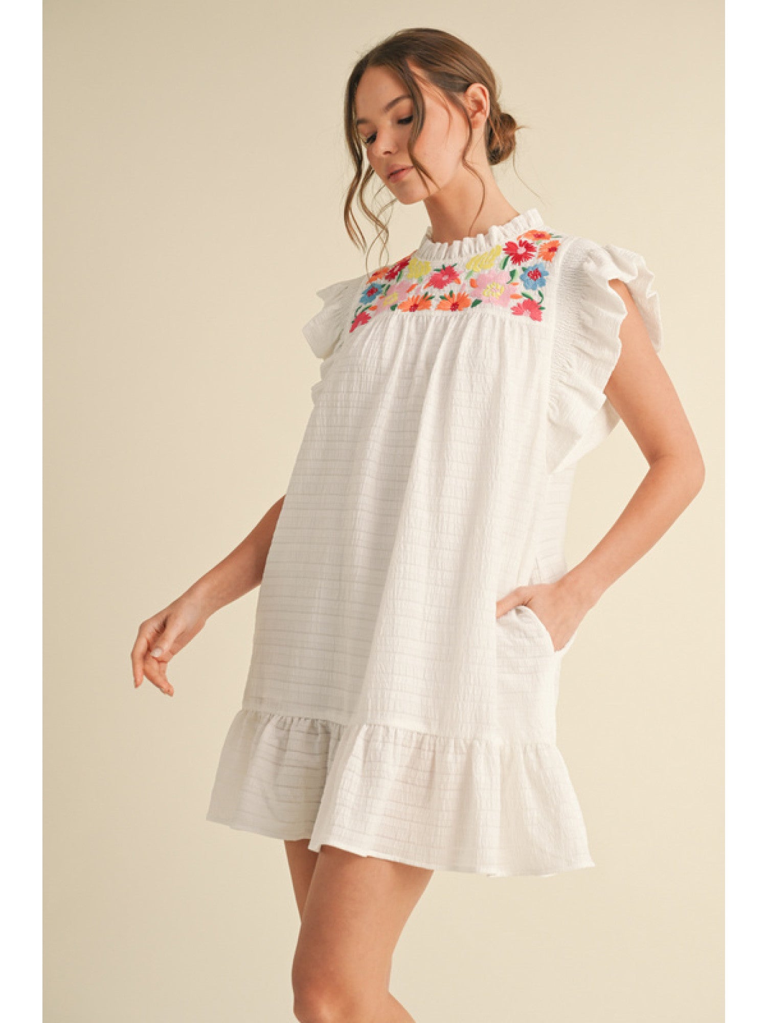 Yoke Embroidered Frill Neck Dress by Jodifl Yoke Embroidered Frill Neck Dress by Jodifl