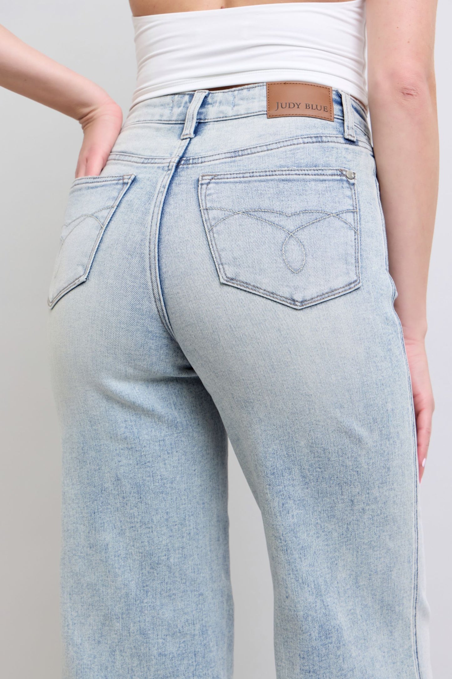 High Waisted Tummy Control Retro Wide Leg Jeans in Light Blue by Judy Blue