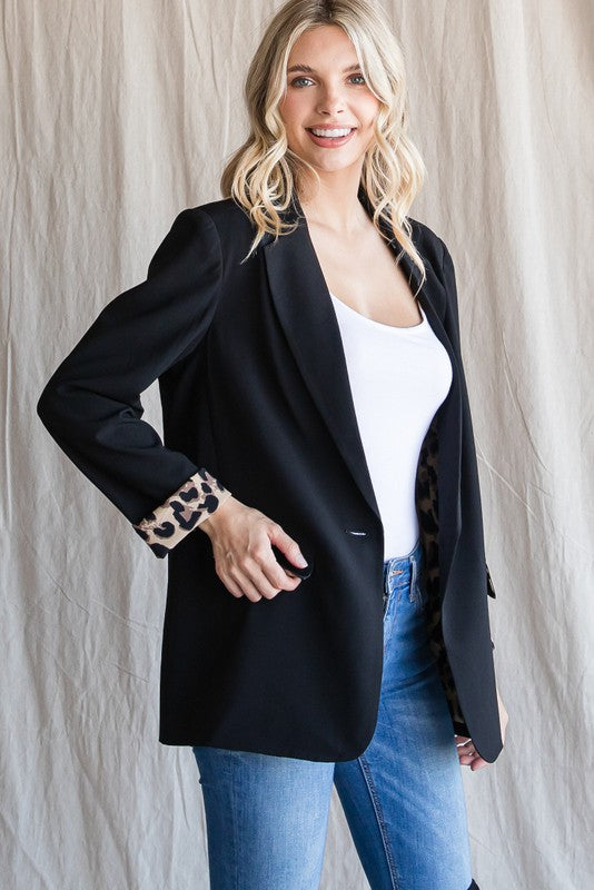 Solid Blazer Leopard Black Plus Size