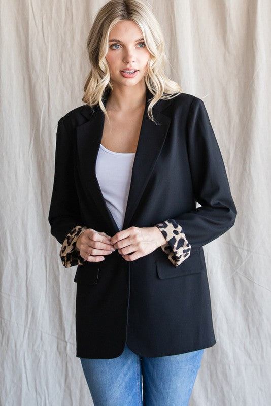Solid Blazer Leopard Black Plus Size