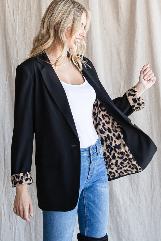 Solid Blazer Leopard Black Plus Size