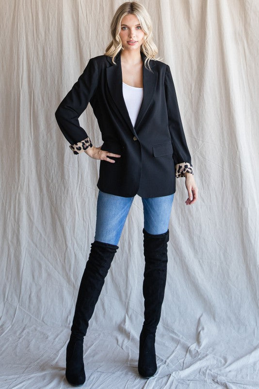 Solid Blazer Leopard Black Plus Size