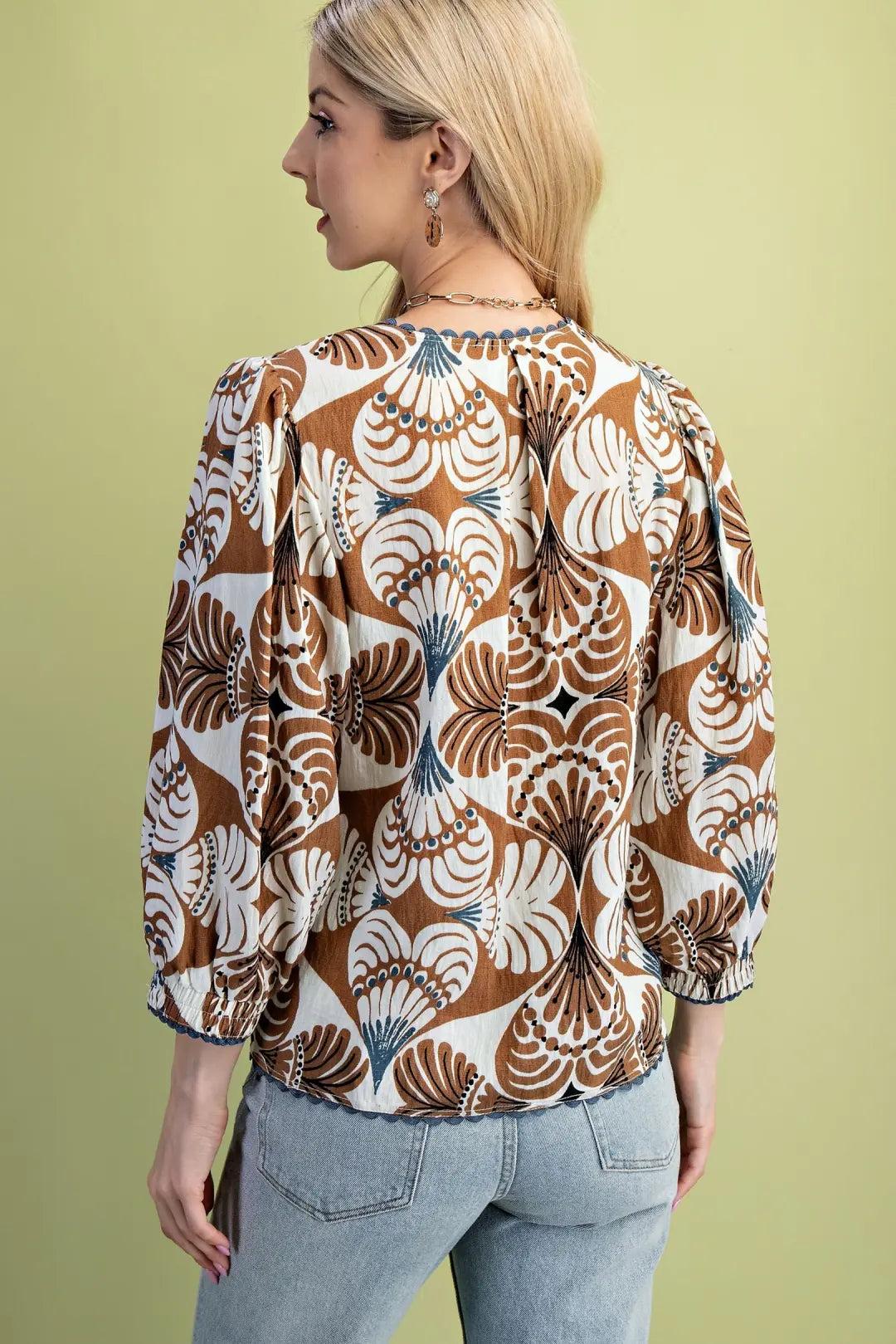 Printed V-Neck Blouse with Ric Rac Trim Details by Gigio