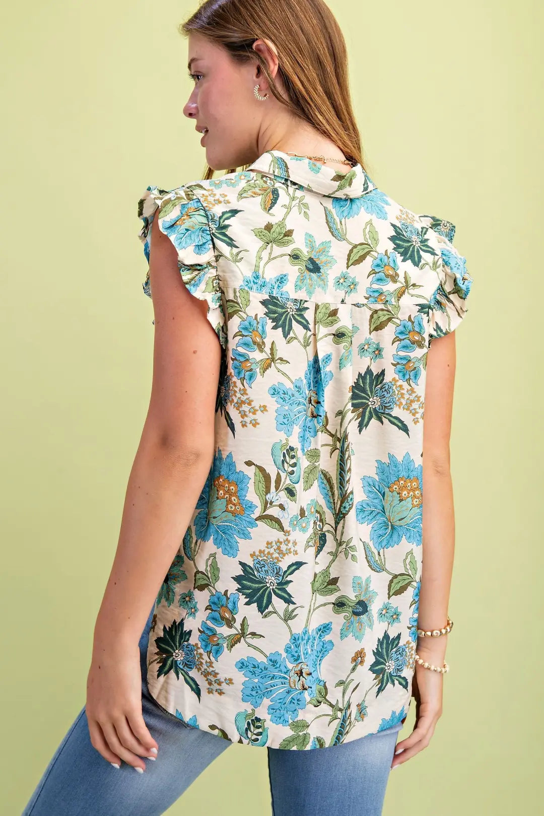 Lightweight Floral Button Up Top with Ruffled Sleeves by GiGio