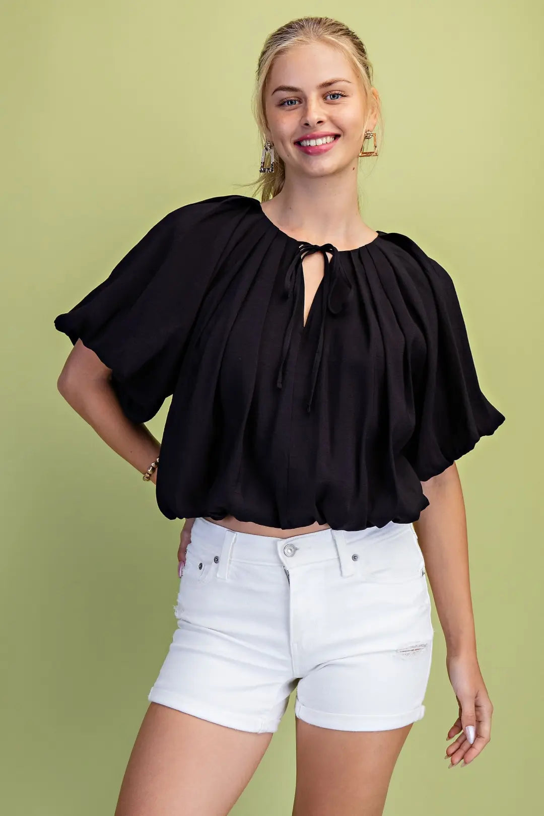 Short Sleeve Balloon Pleated Crop Top with Tie Neck Strings by