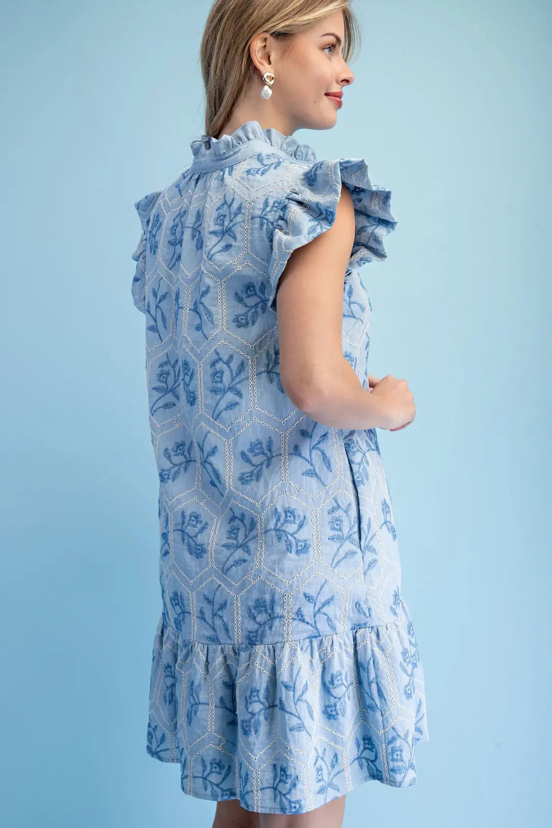 Glossy Embroidered Button Down Dress in Sky by GiGio