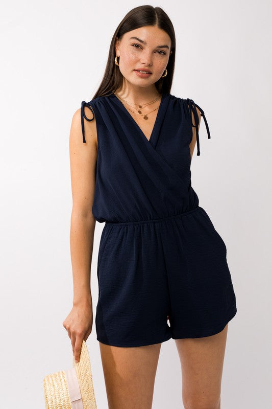 Gilli Sleeveless Shoulder Ruching Navy Romper P NEMIR Dry Goods Co Gilli Sleeveless Shoulder Ruching Navy Romper P NEMIR Dry Goods Co