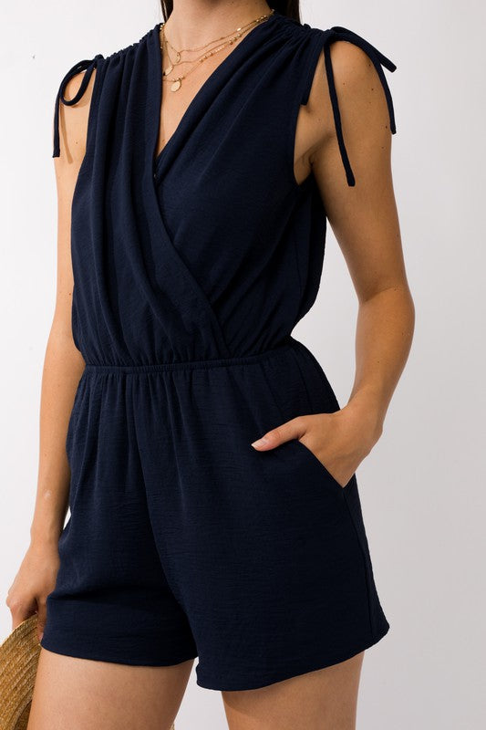 Gilli Sleeveless Shoulder Ruching Navy Romper