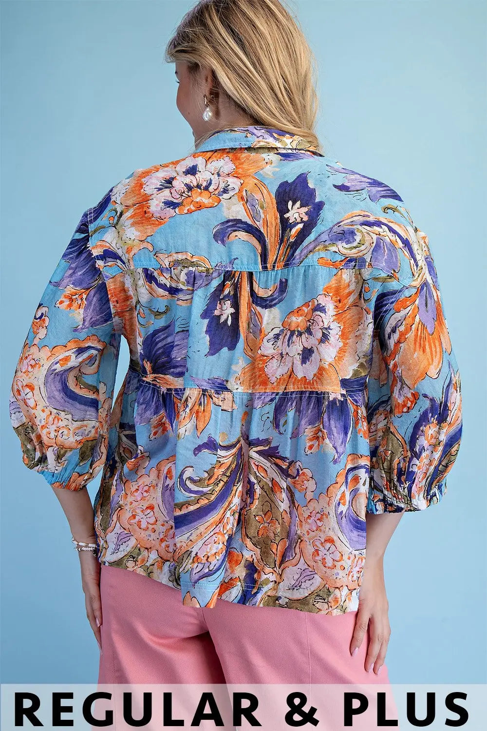 Printed Button Up Babydoll Blouse with 3/4 Length Sleeves by GiGio