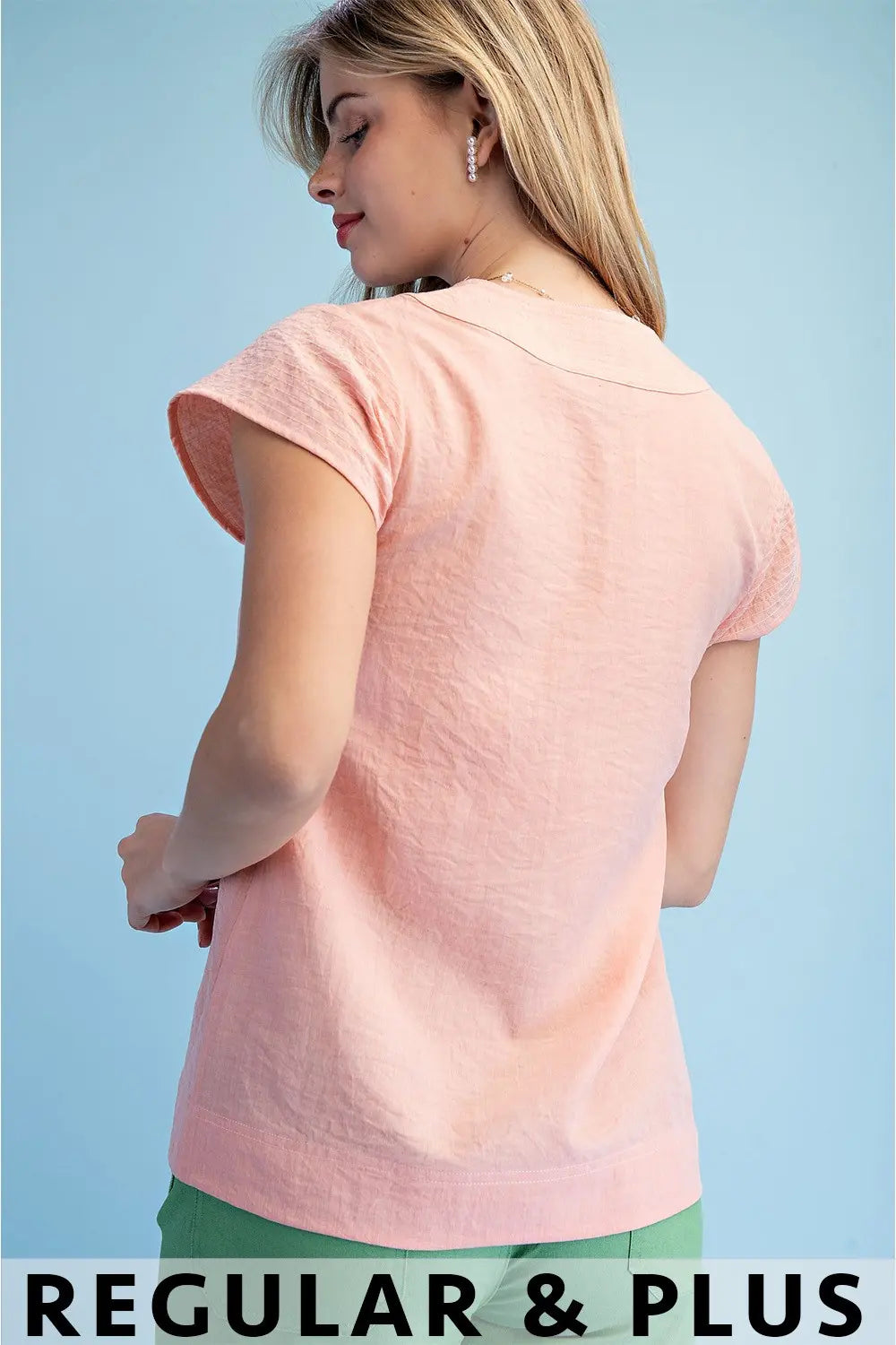 Trapunto Stitched V-Neck Blouse with Loose Cap Sleeves by Gigio