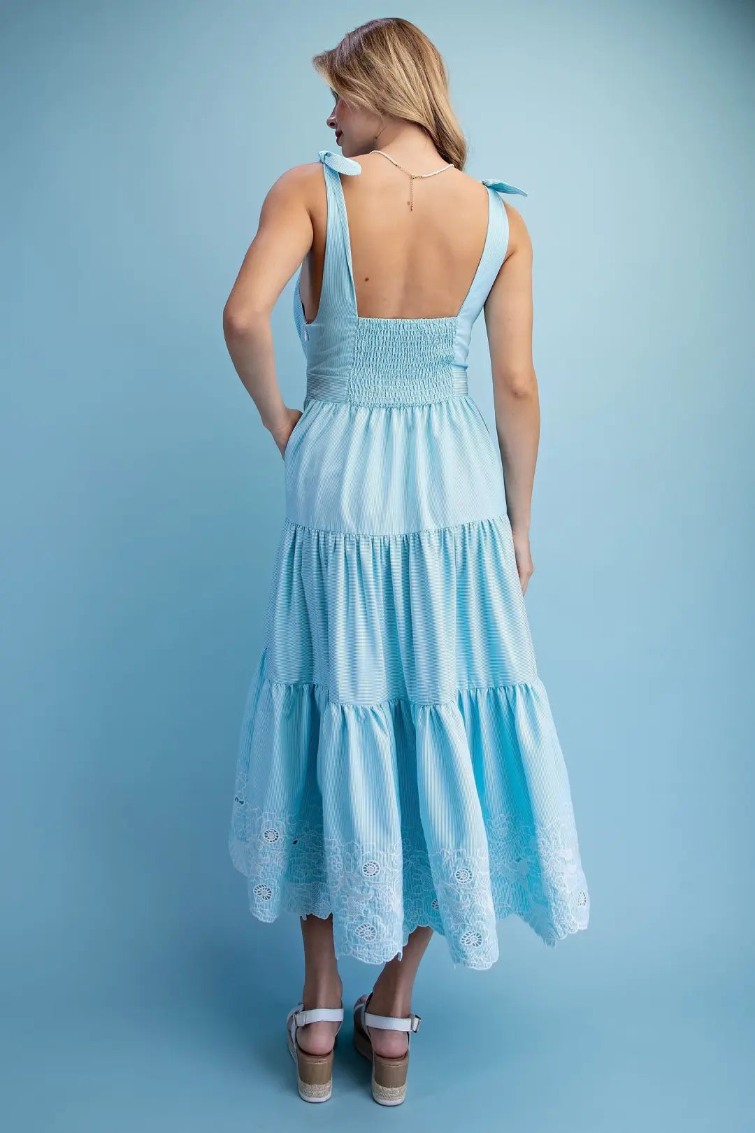 Striped Tiered Midi Dress with an Embroidered Hem and Tie Shoulder Straps by Gigio