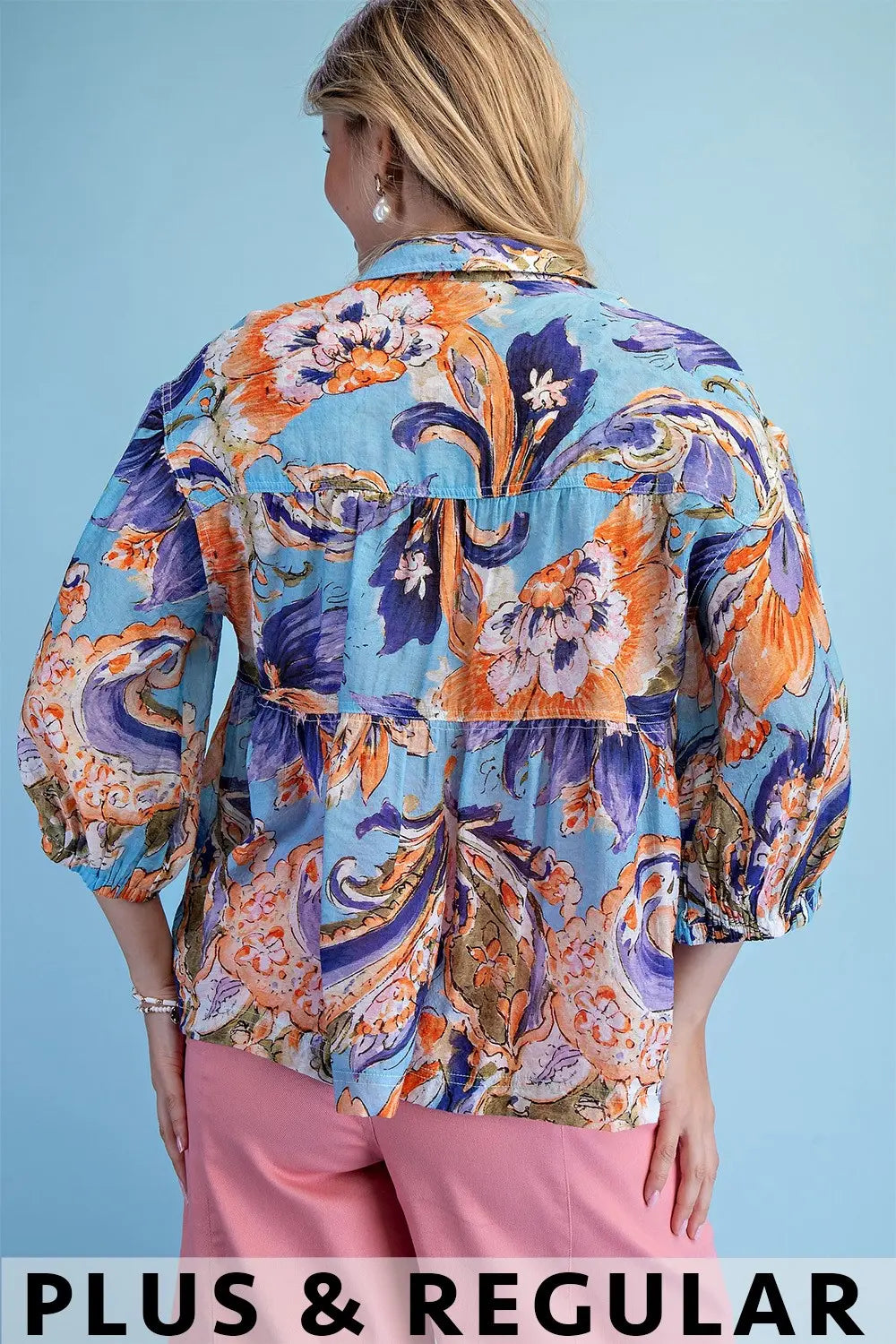 Printed Button Up Babydoll Blouse with 3/4 Length Sleeves by Gigio
