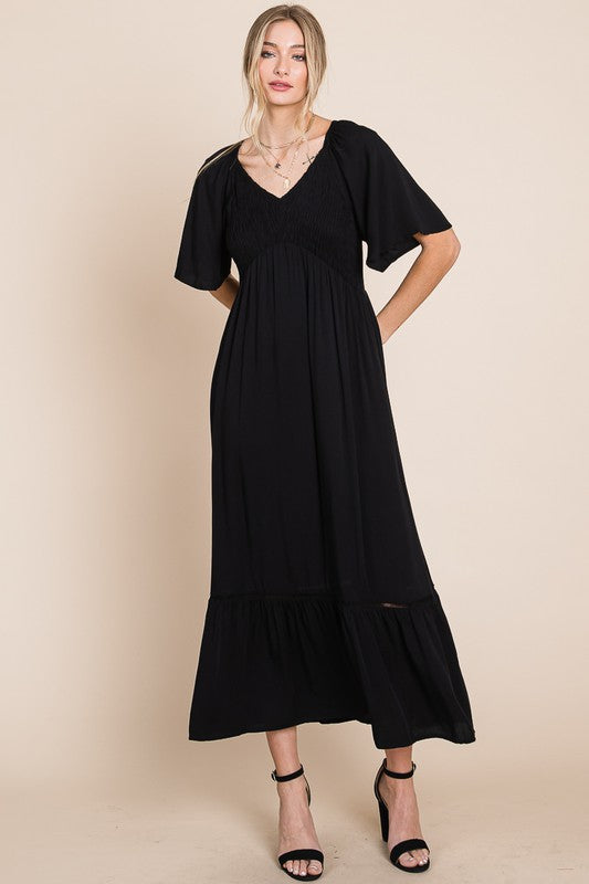 Comfy Black V-Neck Midi Dress with Pockets