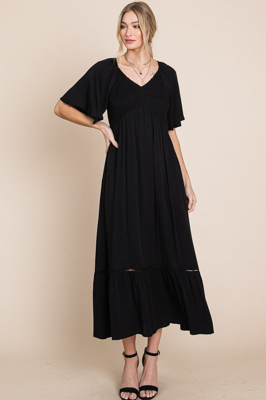 Comfy Black V-Neck Midi Dress with Pockets