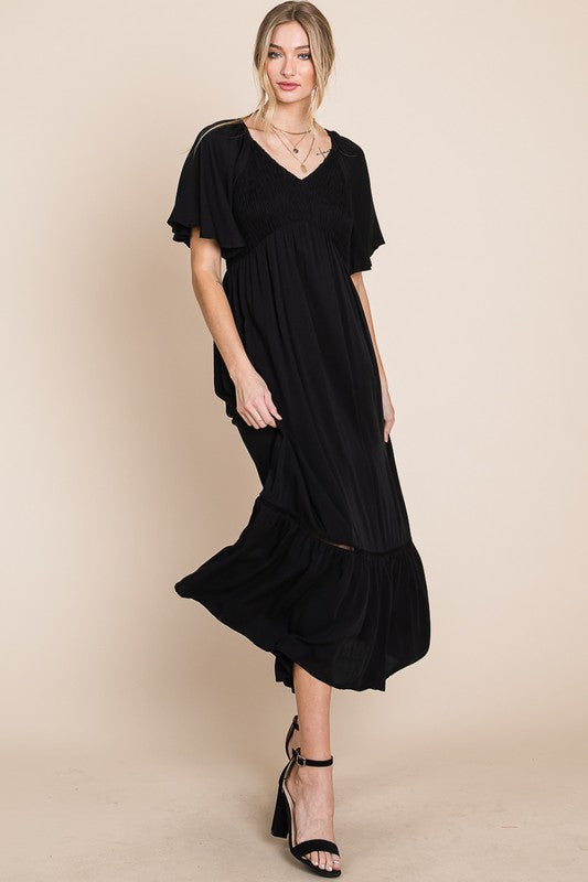 Comfy Black V-Neck Midi Dress with Pockets