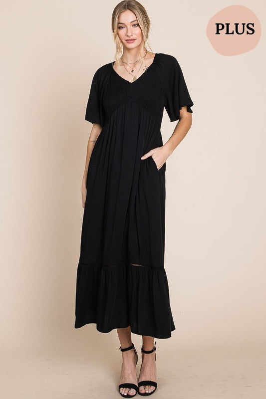 Comfy Black V-Neck Midi Dress with Pockets