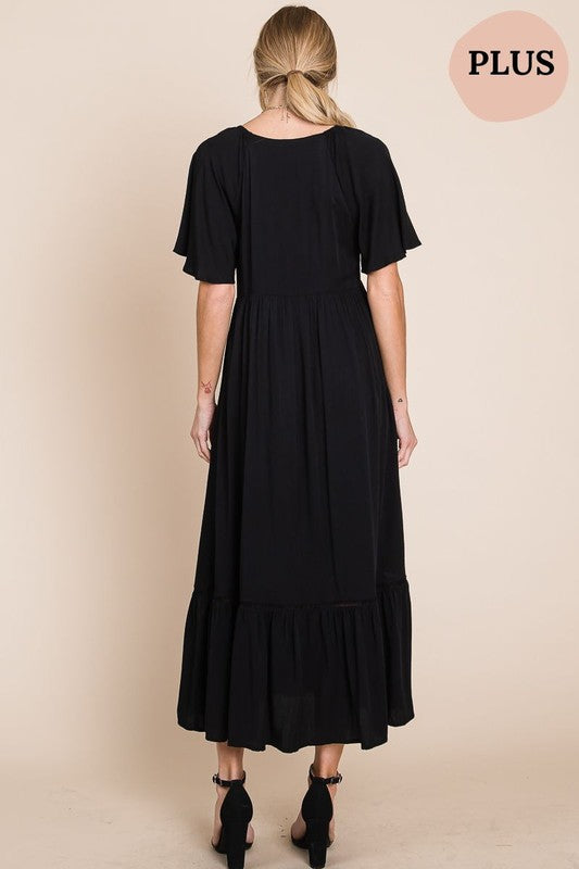 Comfy V-Neck Black Midi Plus Size Dress with Pockets