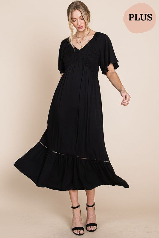 Comfy Black V-Neck Midi Dress with Pockets