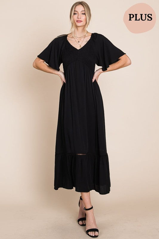 Comfy Black V-Neck Midi Dress with Pockets