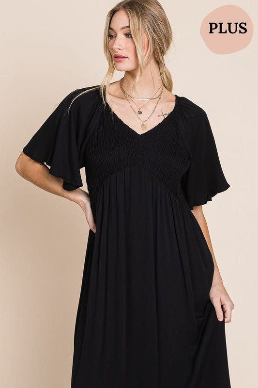 Comfy Black V-Neck Midi Dress with Pockets