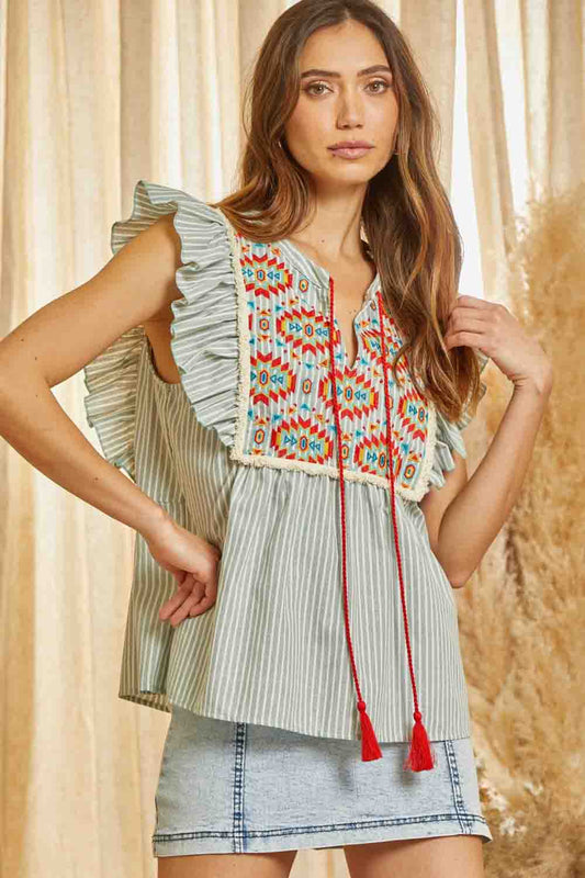 Flutter Sleeve Aztec Embroidered Top by Savanna Jane